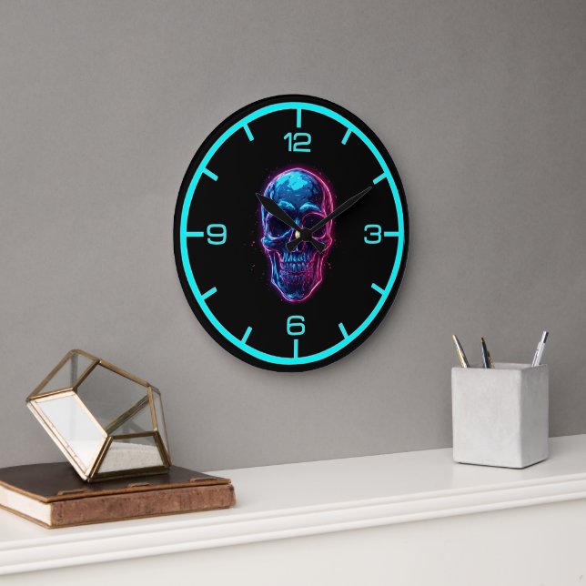 Cyberpunk Skull Neon Synthwave Glow Gamer Goth Large Clock (Office)