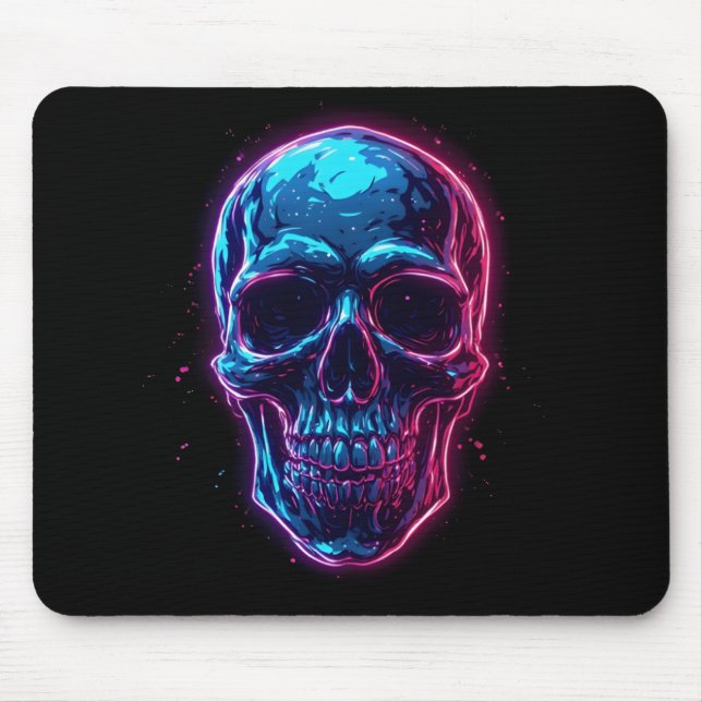 Cyberpunk Skull Neon Synthwave Glow Gamer Goth Mouse Mat (Front)
