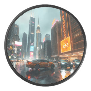 Cyberpunk Skyscrapper City Cars Hockey Puck