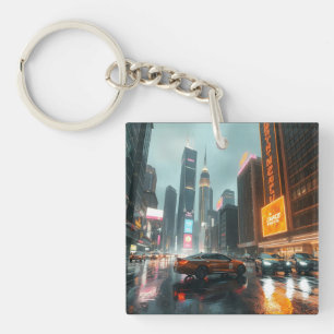 Cyberpunk Skyscrapper City Cars Key Ring