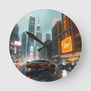Cyberpunk Skyscrapper City Cars Round Clock