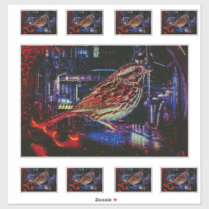 Cyberpunk Sparrow in Neon Cityscape