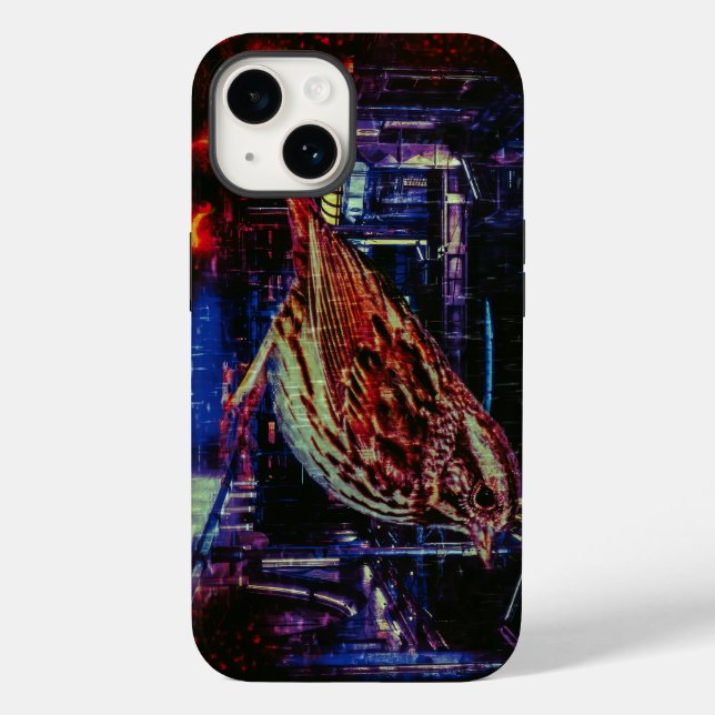 Cyberpunk Sparrow in Neon Cityscape Case-Mate iPhone Case (Back)