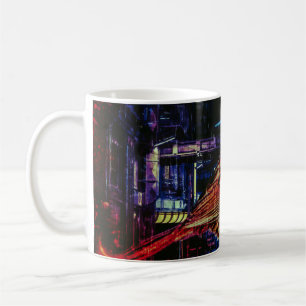 Cyberpunk Sparrow in Neon Cityscape Coffee Mug