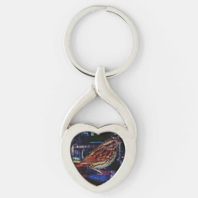 Cyberpunk Sparrow in Neon Cityscape Key Ring (Front)