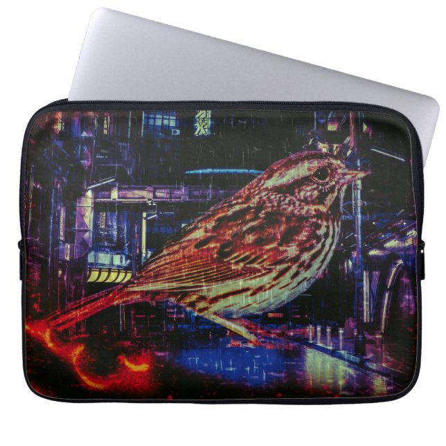 Cyberpunk Sparrow in Neon Cityscape Laptop Sleeve (Front)