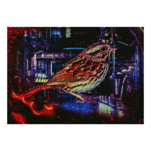 Cyberpunk Sparrow in Neon Cityscape Photo Print