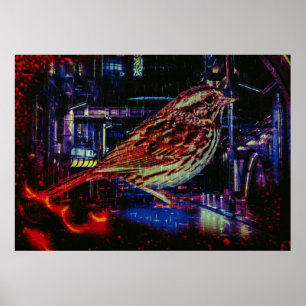 Cyberpunk Sparrow in Neon Cityscape Poster