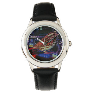 Cyberpunk Sparrow in Neon Cityscape Watch