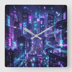 Cyberpunk Square Neon Futuristic Cityscape Wall Clock