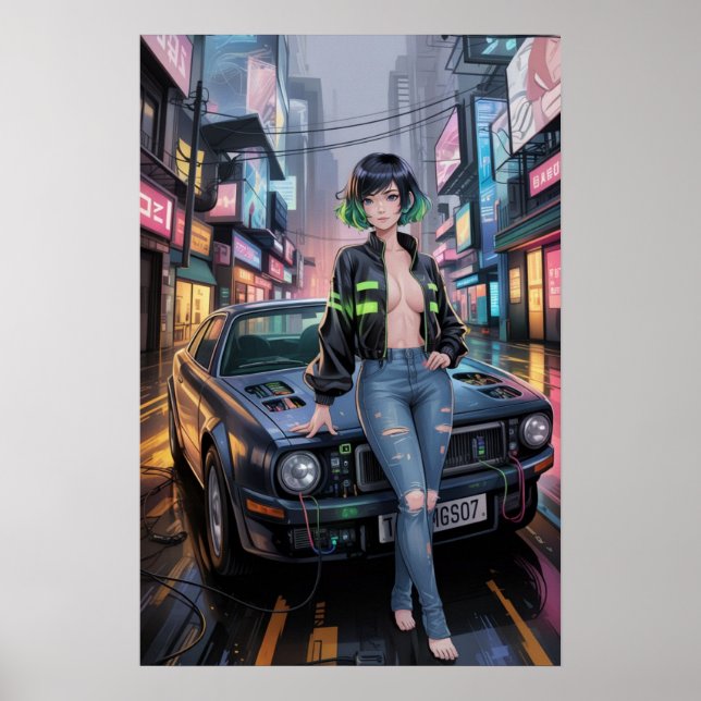 Cyberpunk Street Racer – Futuristic Anime Girl & R Poster (Front)