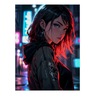Cyberpunk Streetwear Anime Girl Neon Night City Ar Poster