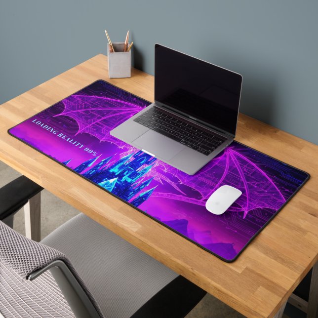 Cyberpunk Synthwave Fantasy Dragon Desk Mat - Neon (Office 2)