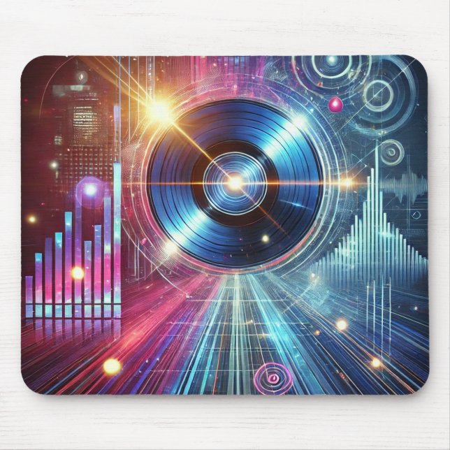 Cyberpunk Vinyl Beats - Neon Synthwave Gaming Mous Mouse Mat (Front)