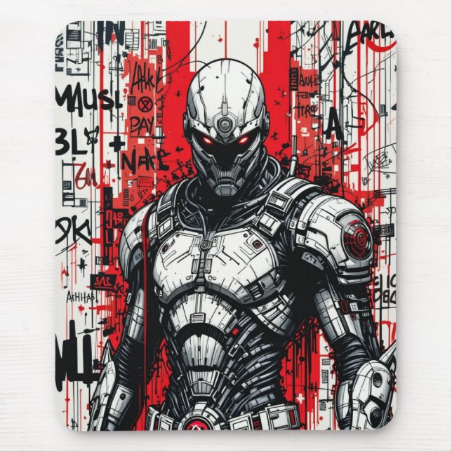 Cyberpunk Warrior Graffiti Mousepad – Red, Black  (Front)