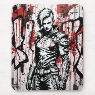 Cyberpunk Warrior Graffiti Mousepad – Red, Black