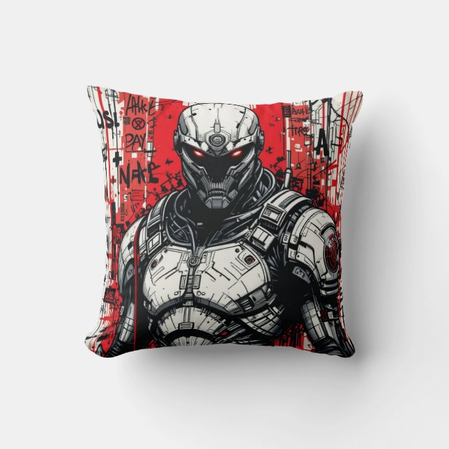 Cyberpunk Warrior Graffiti Throw Pillow  (Front)