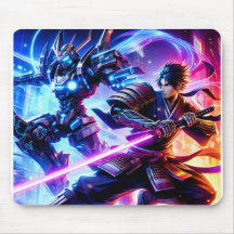 CyberSamurai vs. Mech Warrior–Neon Battle Mousepad