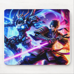CyberSamurai vs. Mech Warrior–Neon Battle Mousepad
