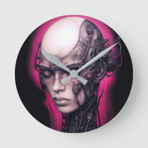 Cyborg Girl Cool Teen Pink Neon Round Clock