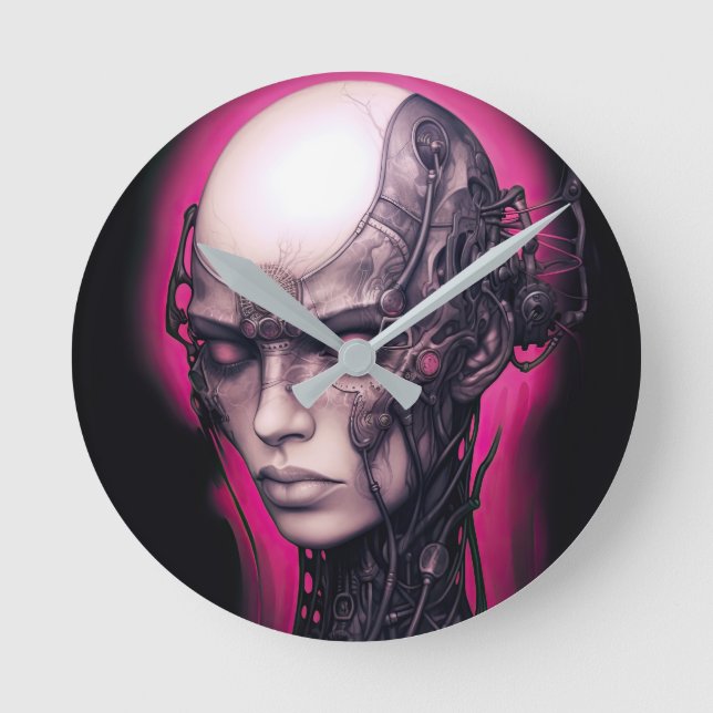 Cyborg Girl Cool Teen Pink Neon Round Clock (Front)