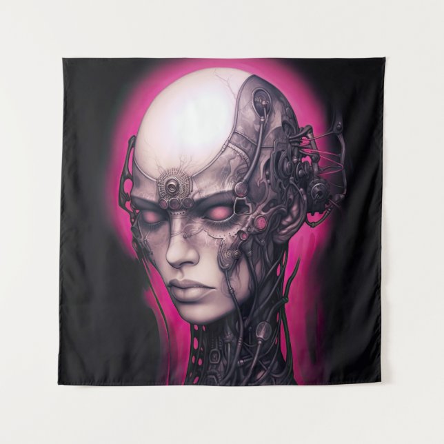 Cyborg Girl Cool Teen Pink Neon Tapestry (Front)