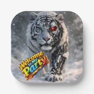 Cyborg tiger tech themed birthday party paper plat plate