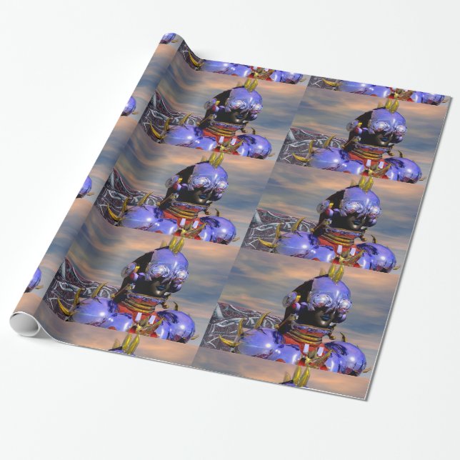 CYBORG TITAN PORTRAIT Blue Science Fiction Scifi Wrapping Paper (Unrolled)