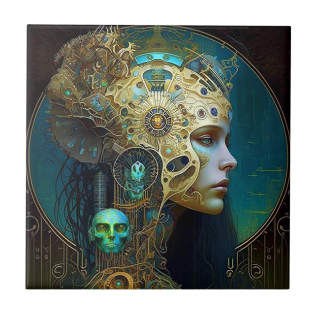 Cyborg Woman Fantasy Sci-Fi Art Ceramic Tile (Front)