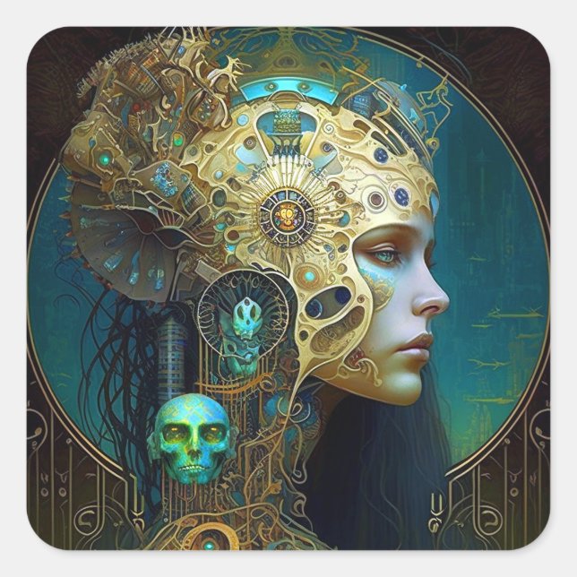 Cyborg Woman Fantasy Sci-Fi Art Square Sticker (Front)