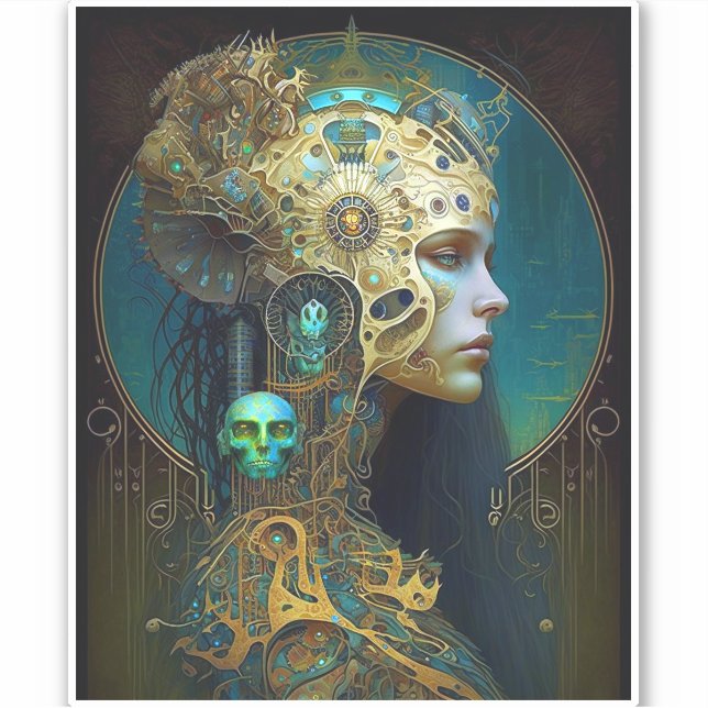 Cyborg Woman Fantasy Sci-Fi Art Sticker (Front)