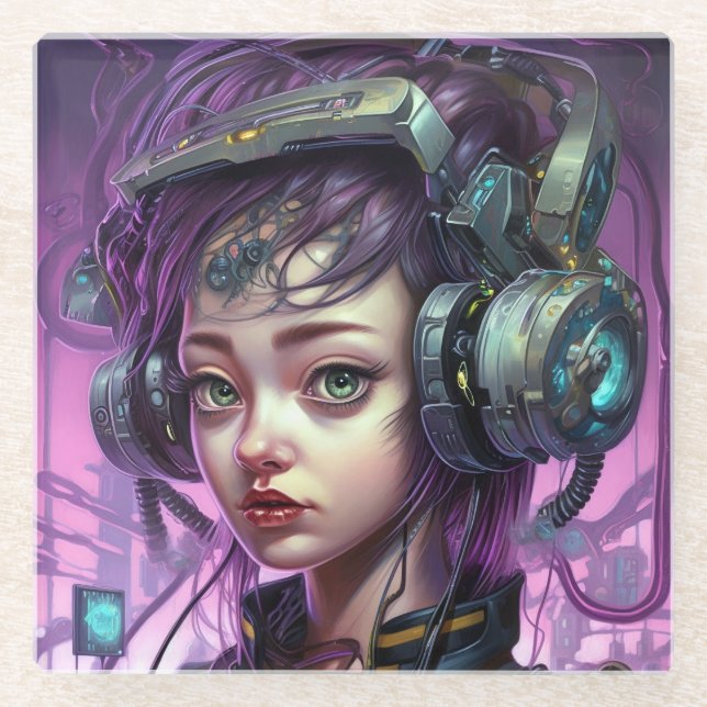 Cyborg Woman Science Fiction Glass Coaster (Front)