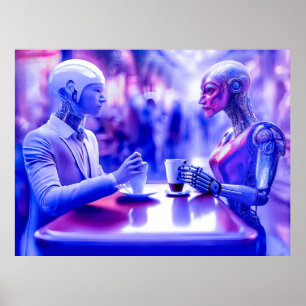 Cyborgs couple eating drinks at street coffee (AI) Poster