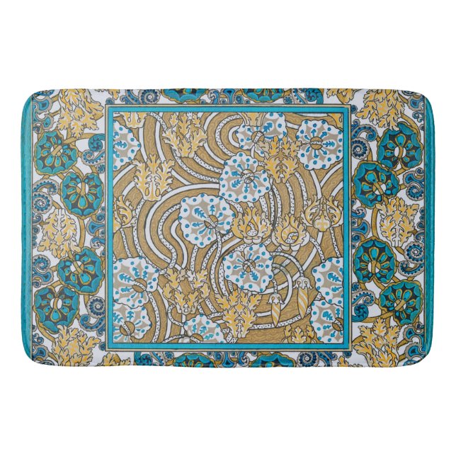 cyclamen blue art nouveau flower botanical bath mat (Front)