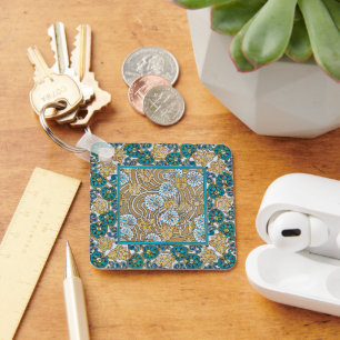 cyclamen blue art nouveau flower botanical key ring