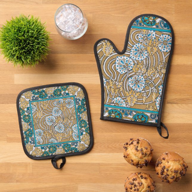 cyclamen blue art nouveau flower wallpaper  oven mitt & pot holder set (Top Down)