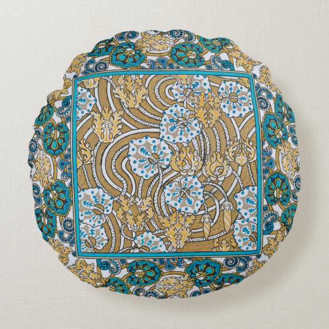 cyclamen blue art nouveau flower wallpaper  round cushion (Front)