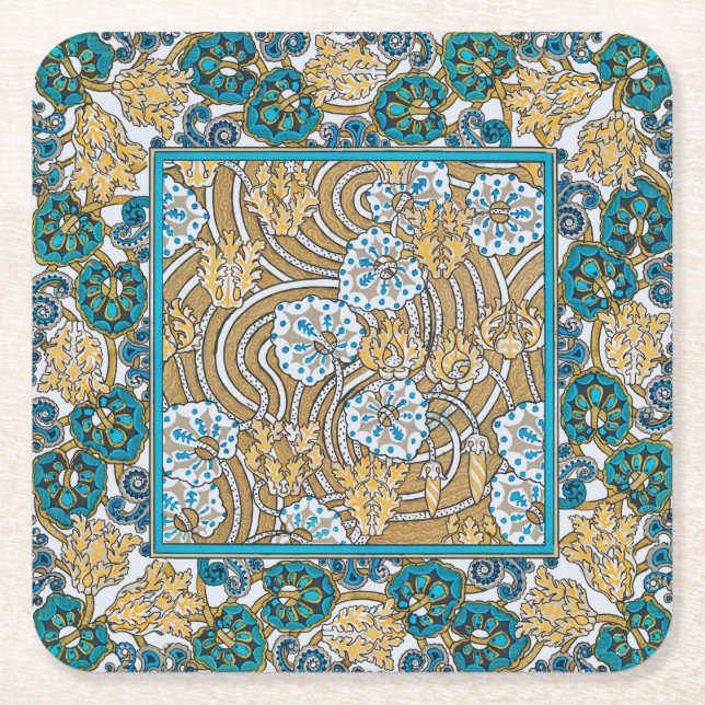 cyclamen blue art nouveau flower wallpaper  square paper coaster (Front)