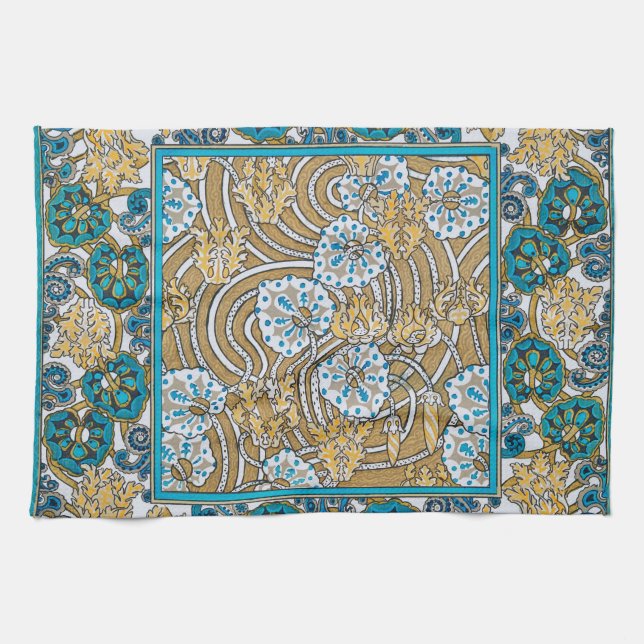 cyclamen blue art nouveau flower wallpaper  tea towel (Horizontal)