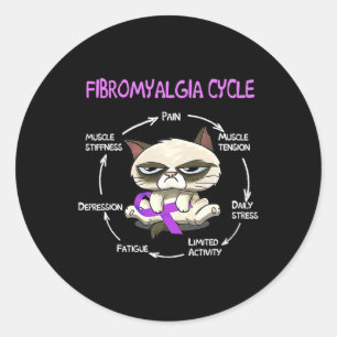 Cycle Cat Purple Ribbon Fibromyalgia Awareness 1  Classic Round Sticker