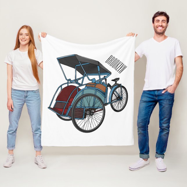 Cycle rickshaw cartoon illustration fleece blanket (In Situ)