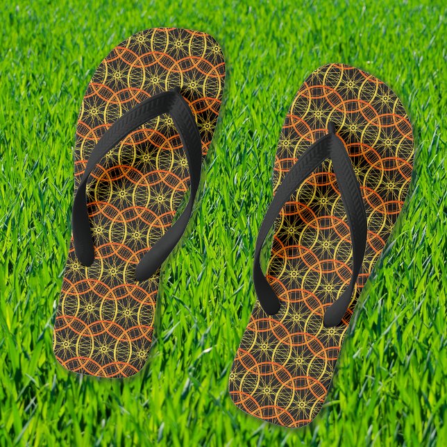 Cycle wheel pattern orange black flip flops (Sample showing wide black straps option)