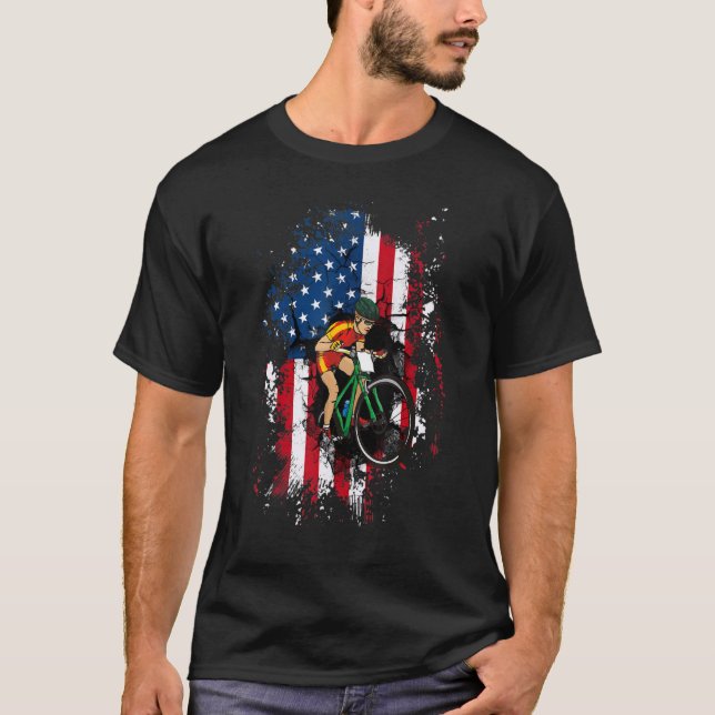 Cycling Bike Patriotic Us American Flag Bicycle Lo T-Shirt (Front)