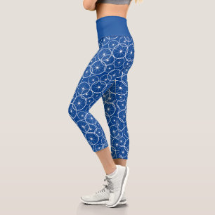 Cycling Bike Wheels Blue White Patterned Capri Leggings
