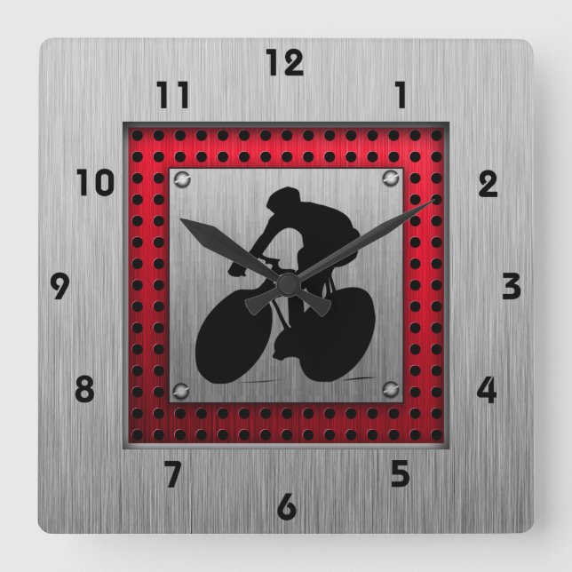 Cycling; Brushed metal look Square Wall Clock (Front)