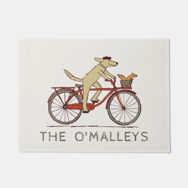 Cycling Dog and Squirrel Fun Personalised Doormat (Front)