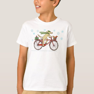 Cycling Dog and Squirrel Whimsical Winter Holiday T-Shirt