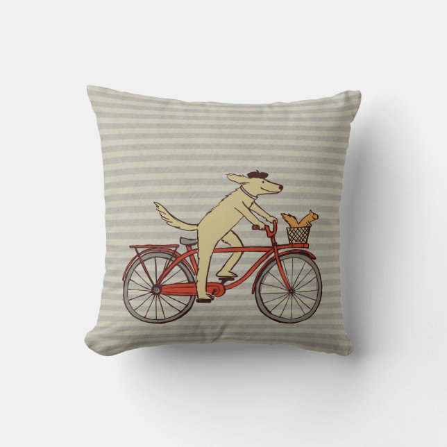 Cycling Dog with Squirrel Friend - Fun Animal Art Cushion (Front)