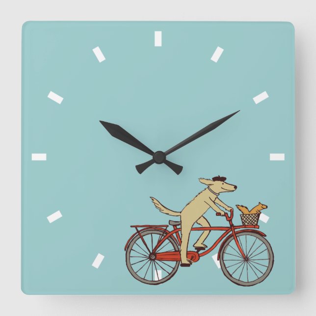 Cycling Dog with Squirrel Friend | Fun Animal Art Square Wall Clock (Front)
