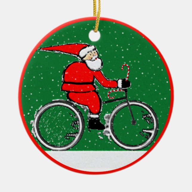 Cycling Santa Collectable Ceramic Ornament (Front)